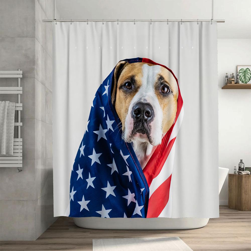 USA Style Dog Printed Shower Curtain Blue White Red Stars Stripes Home Decor Bathroom Waterproof Fabric Personalized Gift Decora