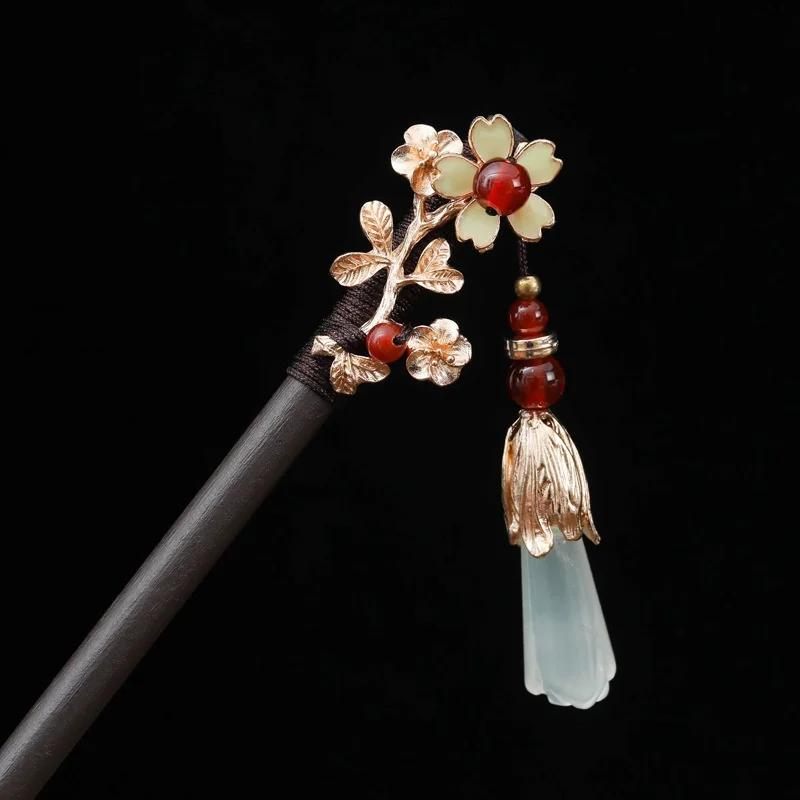Retro Women Ebony Tassel Stepping Hair Stick Hairpin Chinese Style Handmade Hair Accessories Hanfu Headwear Flower Hair Fork