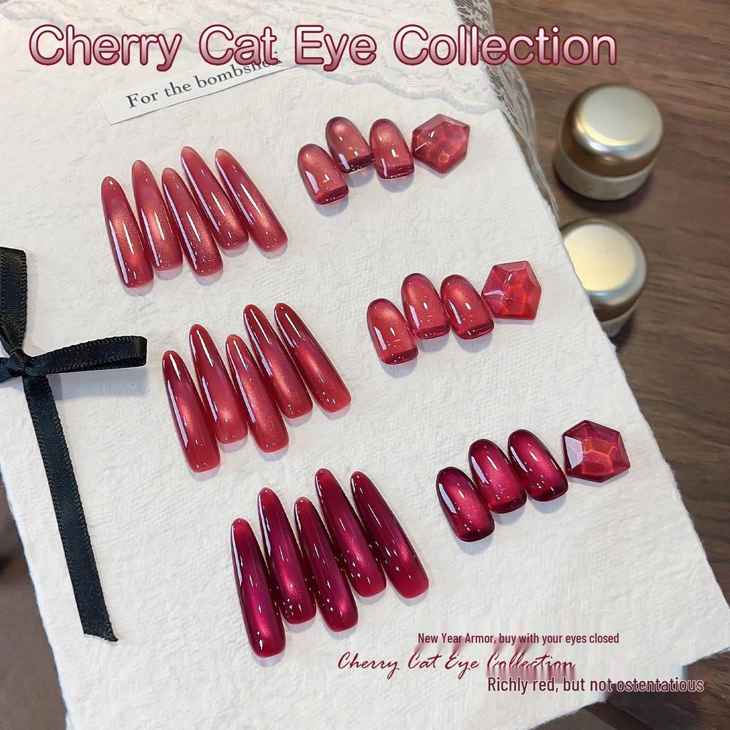 2026 New Year Cherry Cat Eye Nail Gel - Autumn/Winter Edition In Whitening Wine Red with Glass Beads for Nail Salon Exclusive