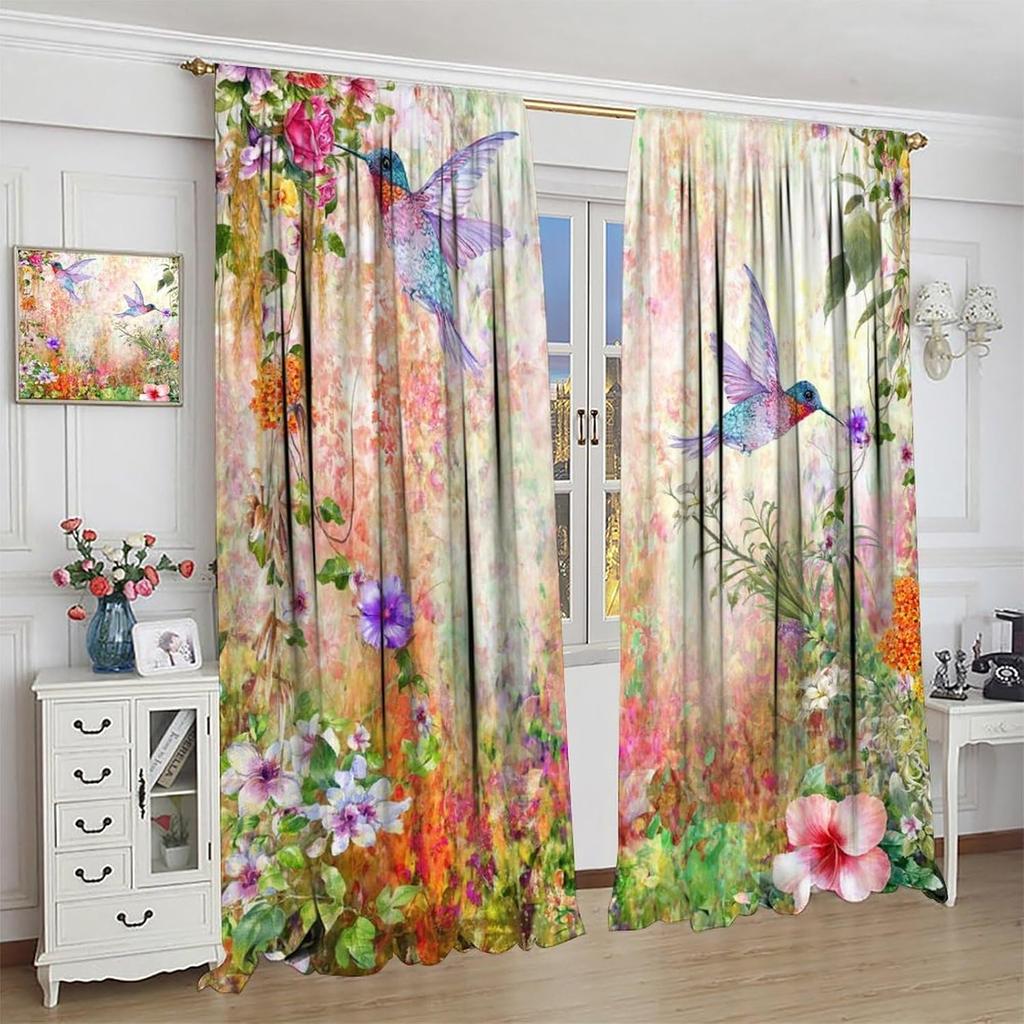 Birds Curtains for Kitchen,Vintage Nature Rustic Forest Plant Flower Colorful Bird Fly Window Treatments Girls Bedroom Living