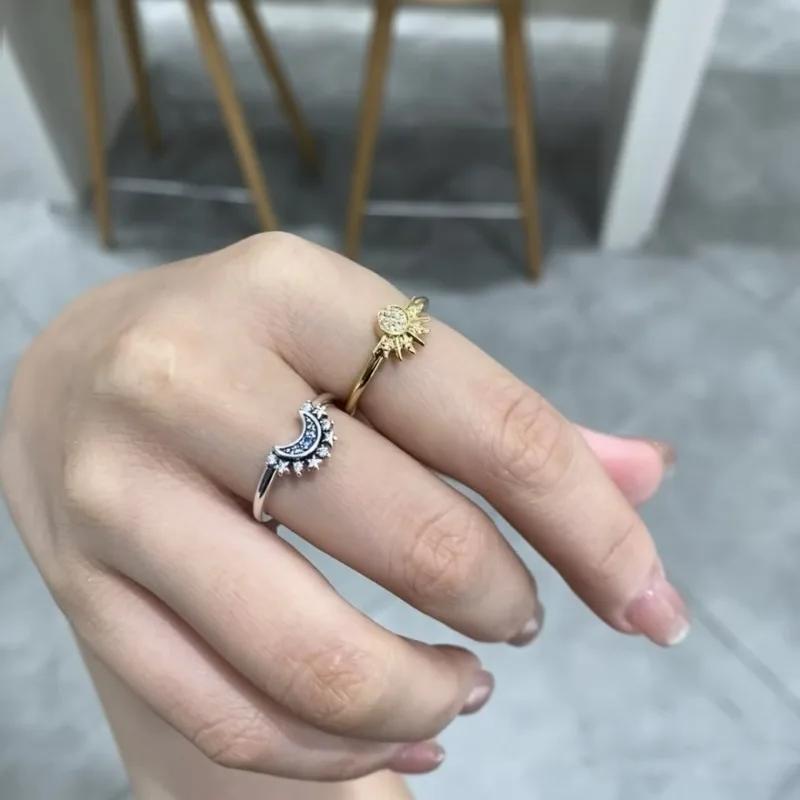 2Pc/Set Summer Couple Ring Set Sky Blue Sparkling Moon And Sun Ring  New Women'S Stackable Finger Set Engagement Jewelry