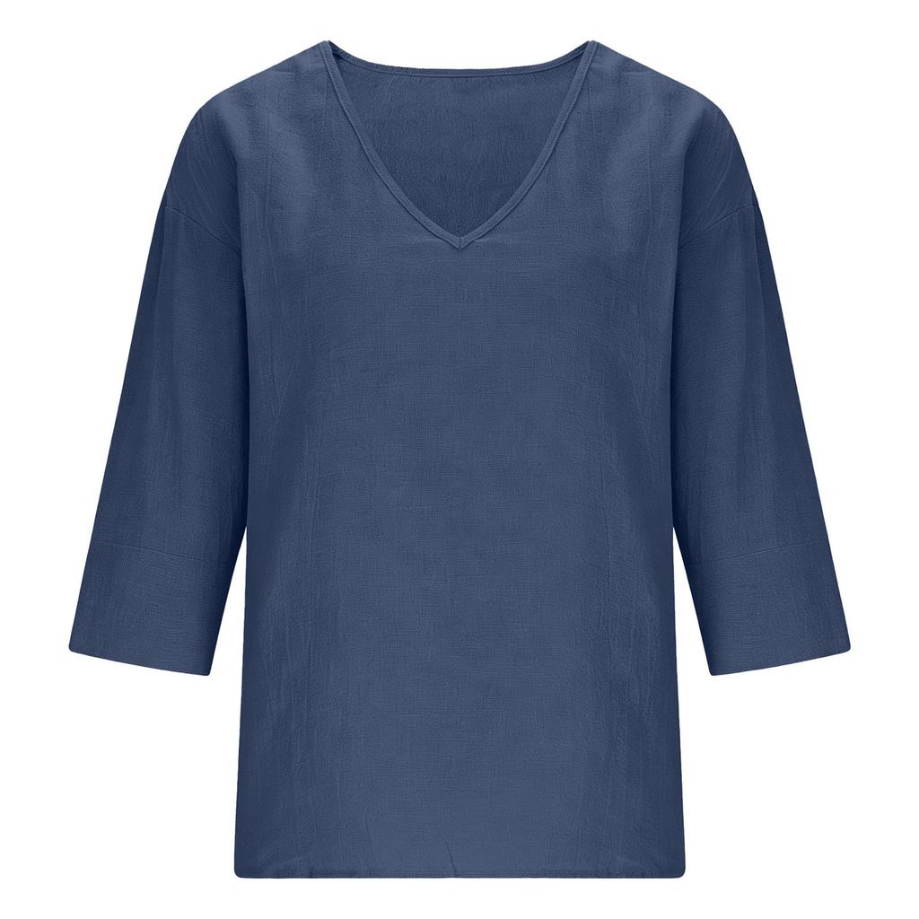 Donna Nuova Primavera Estate Cotone Slub Manica 3/4 Scollo a V Top, Blusa Casual Moda Larga