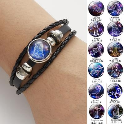 12 Zodiac Signs Constellation Charm Luminous Bracelet Men Women Vintage Multilayer Braided Leather Bracelet Punk Jewelry Gifts