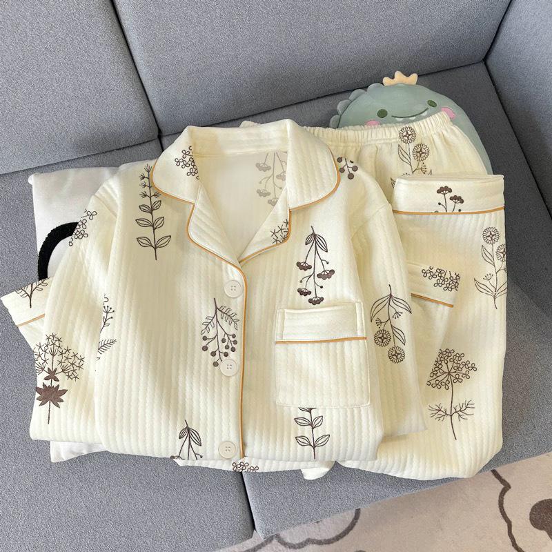 Middle-aged mother's new pajamas for women's autumn and winter air cotton interlayer thickened warm loungewear set
