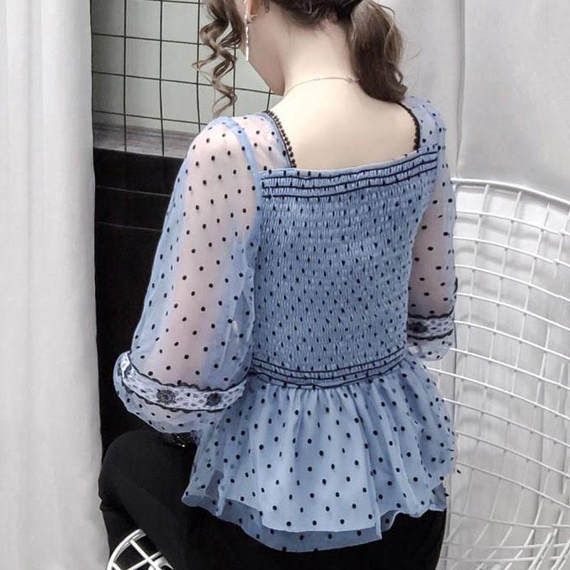 Síťované šití Vlnkový top Dámský zkrácený top Čtvercový výstřih Šifonová košile Elastické stažení vzadu Temperamentní Vílí styl Léto