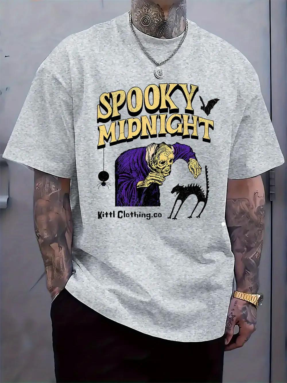 Spooky Midnight Halloween Graphic T-shirt - Skeleton & Cat Print Casual Short Sleeve Tee XXXL