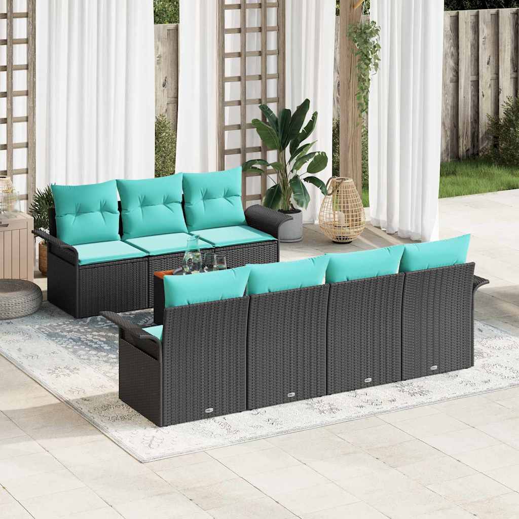 Garden Sofa Set 8 pcs Black and Turquoise Poly Rattan