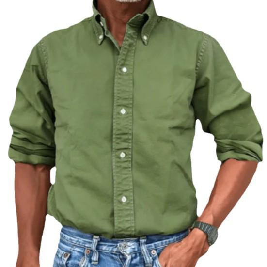 Men's Casual Imitation Denim Shirt - Turn-Down Collar, Button-Up, Long-Sleeved, Solid Color