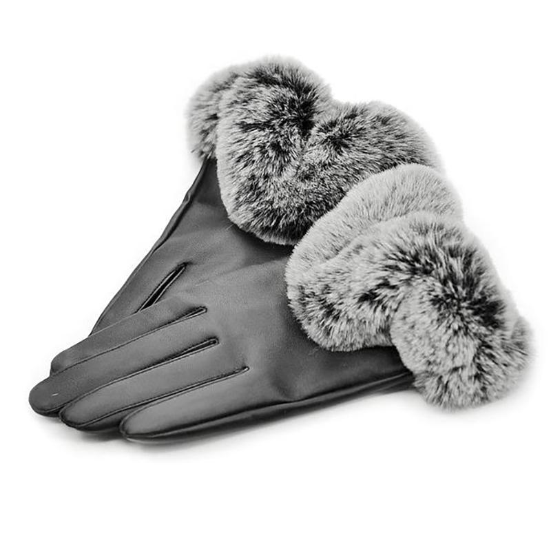 1 Pair Women Winter Warm Gloves Women Lady Black Pu Leather Gloves Autumn Winter Warm Rabbit Fur Mittens Warmth Warmer Mittens