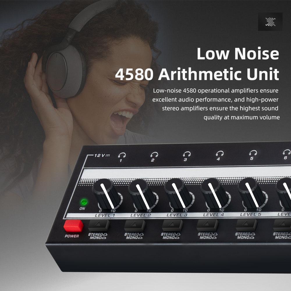 8 Channels Mini Headphone Amplifier Ultra-Compact Stereo Audio Amplifier with Power Adapter Earphone Splitter