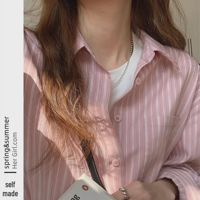 2024 French Style Blue & Pink Striped Long-Sleeve Shirt - Niche Casual Design