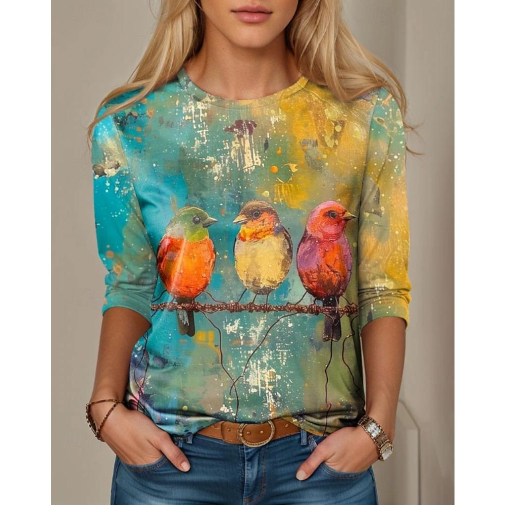 Tops for Women Animal Print Round Neck Long Sleeve T-shirt Fall Casual Slim Pullover Women's Long Sleeve Top