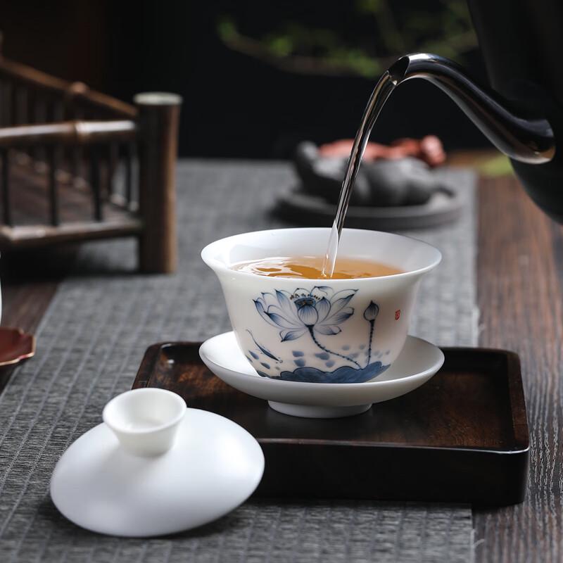 MULTIPOTENT Blue Lotus Hand-Painted Porcelain Gaiwan Tea Set