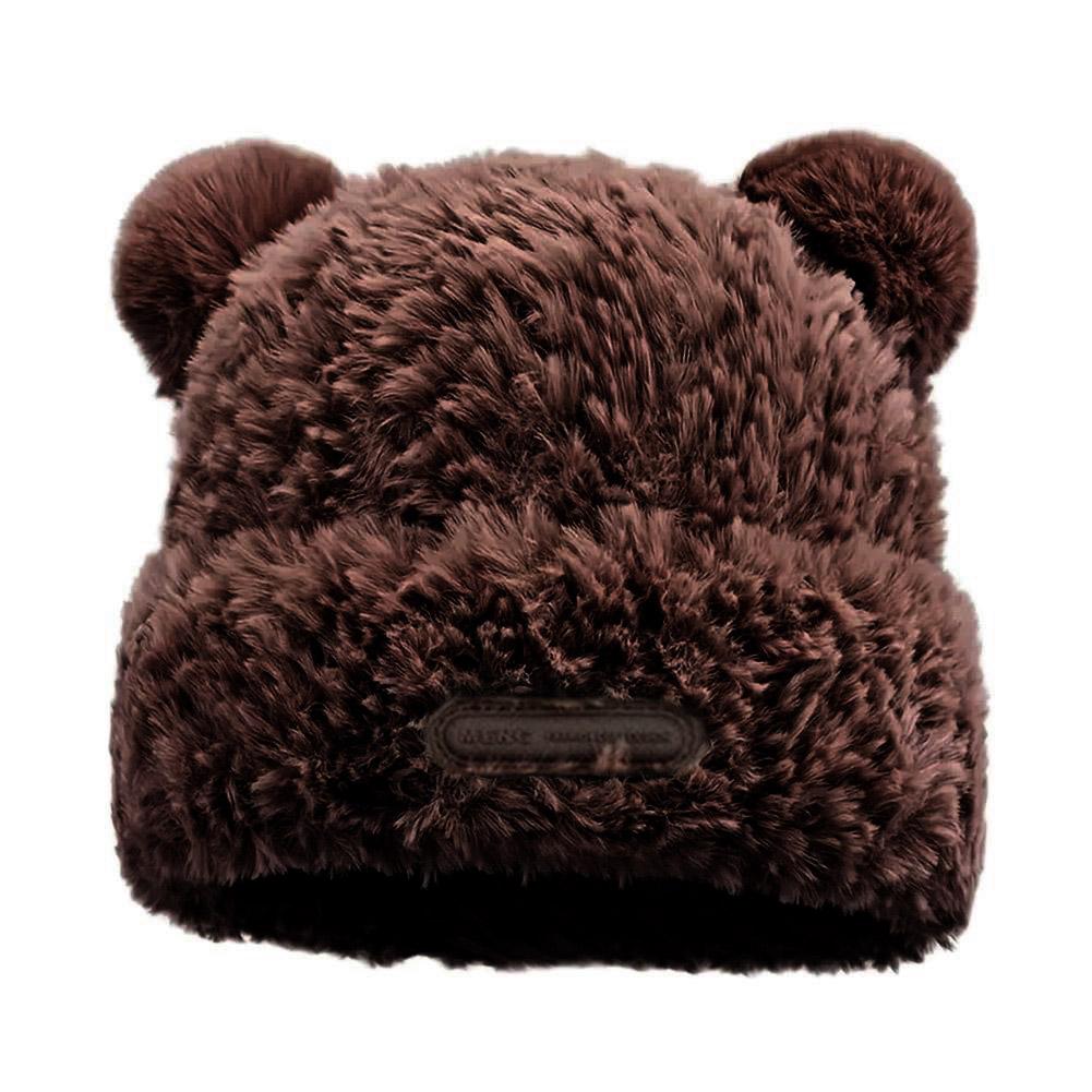 Cute Little Bear Beanie Thickened Warm Plush Hat Lovely Knitted Cap Solid Color Casual Bear Ear Hat Winter Fashion Accessories