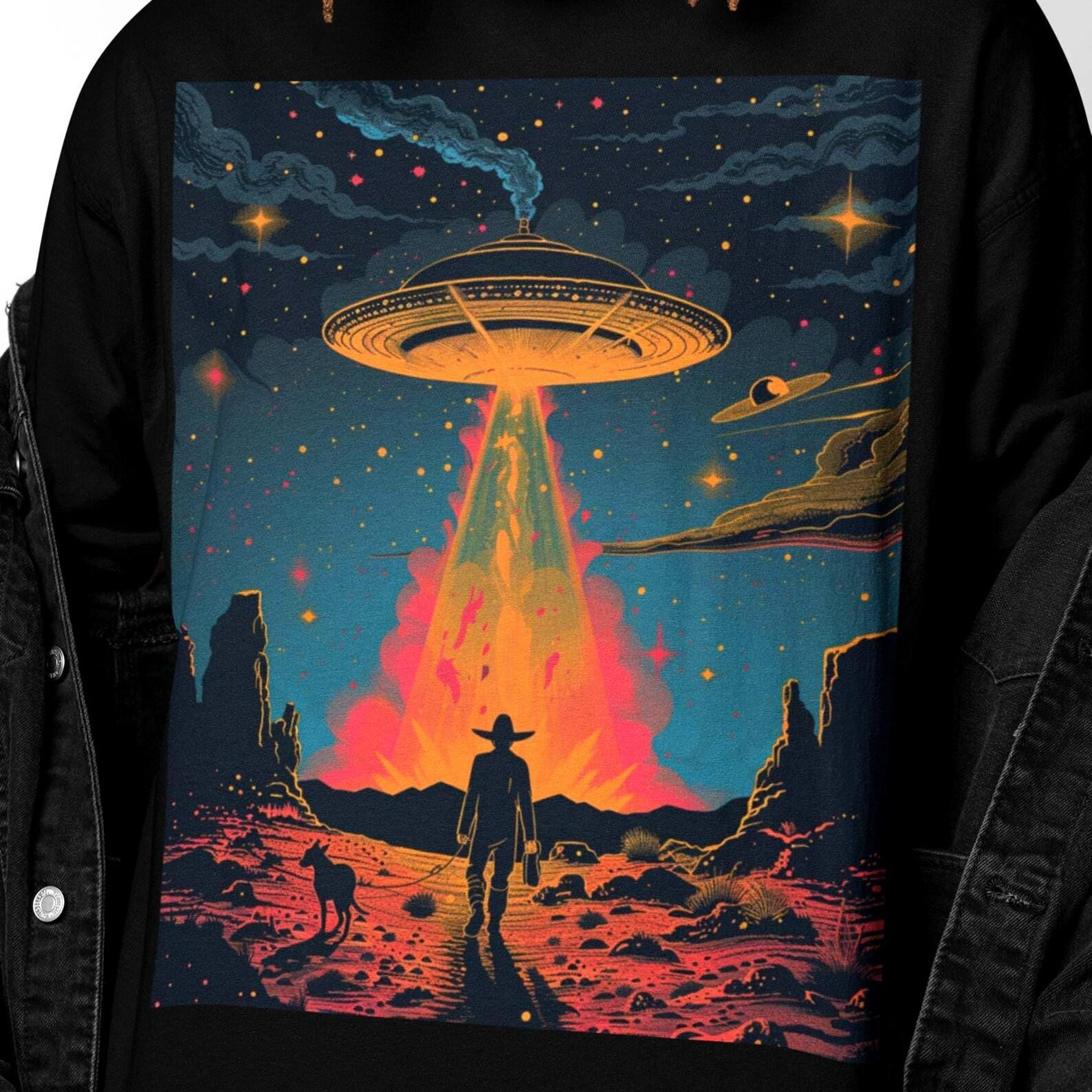 Camping Shirt UFO Abduction | UFO Alien Tee | Vintage Retro Cowboy Rodeo Top 4XL