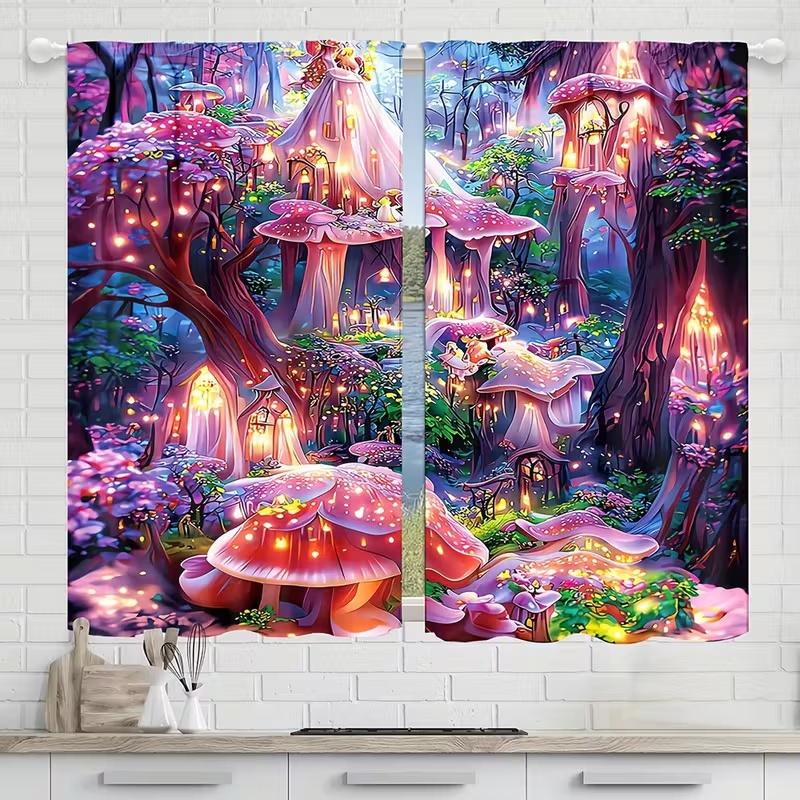 2 Pcs Colorful Mushrooms print curtains  suitable for bedroom  living room kitchen decoration  home decoration  window decoration