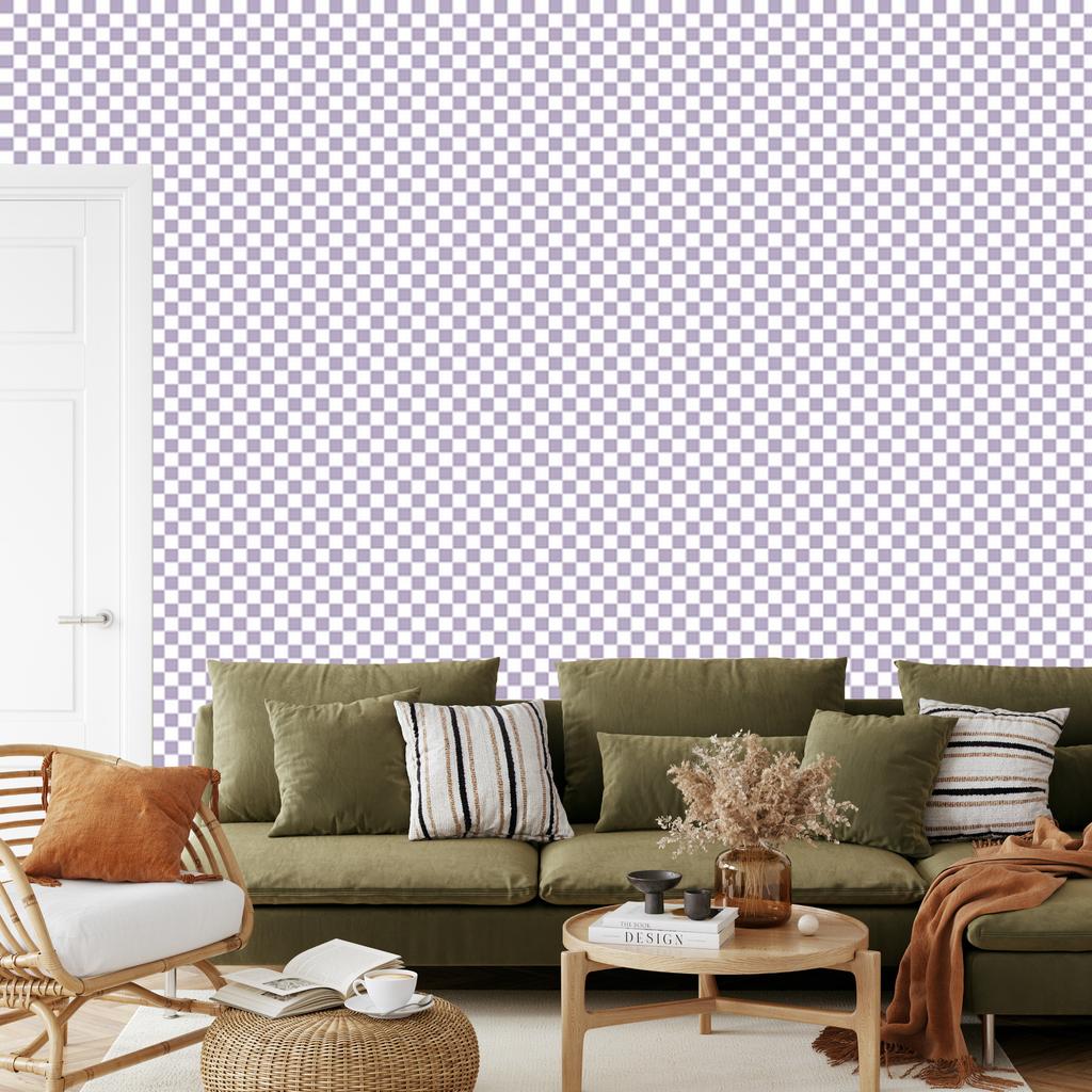 Checkerboard wallpaper light gray, white and purple 50x1000