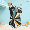 Girls One Shoulder Ruffle One Piece Printed Swimsuit Black Gray White