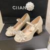 Pearl Wedding Shoes with Thick Heels for Women's 2025 Spring and Summer New French Mary Jane Medium Heels for Women