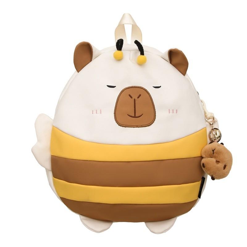 Cute Cartoon Bee Capybaradesign Children Backpack With Plush Pendant For Daily Use