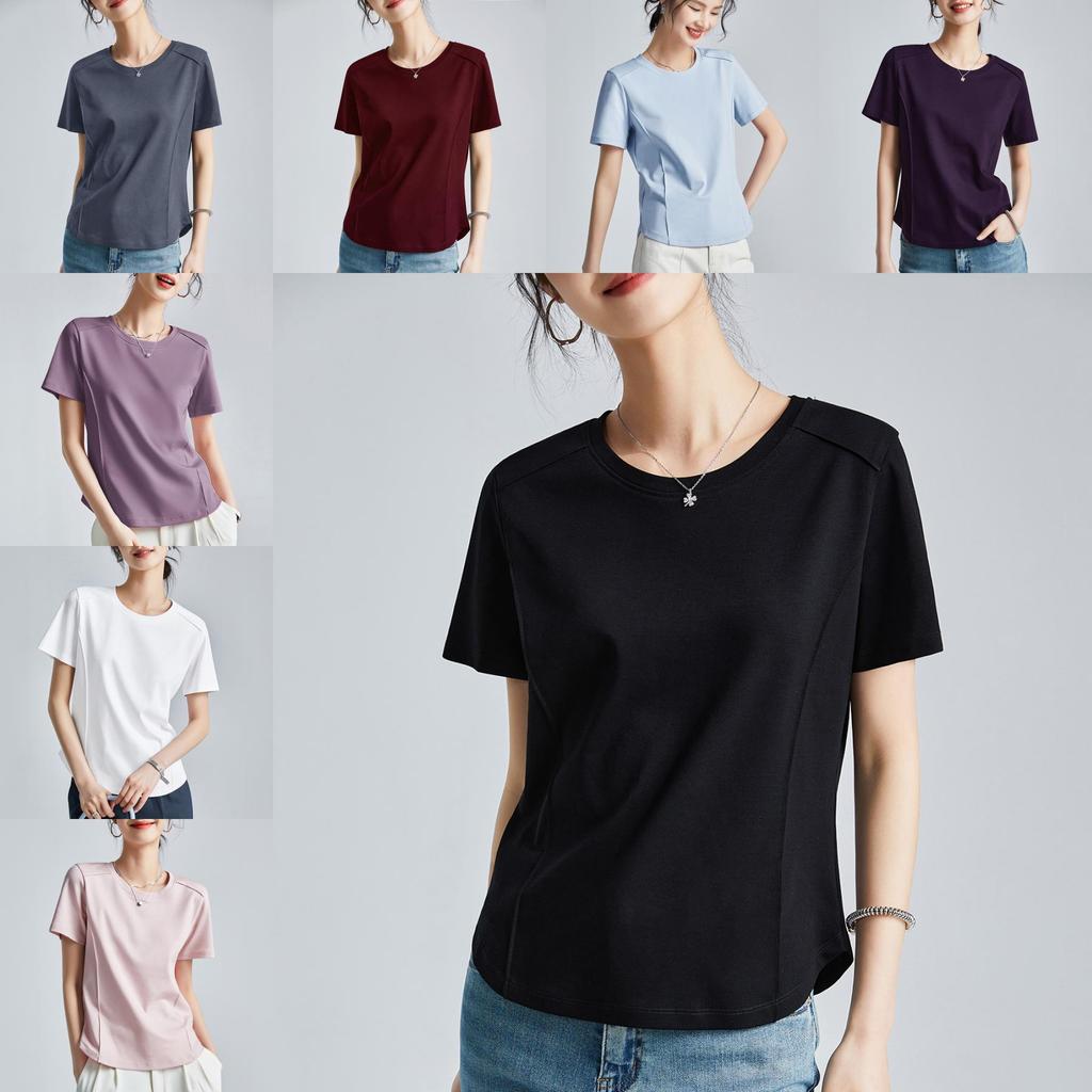 Camiseta de Manga Corta de Algodón y Seda para Mujer con Diseño de Empalme para Estilo Urbano Casual