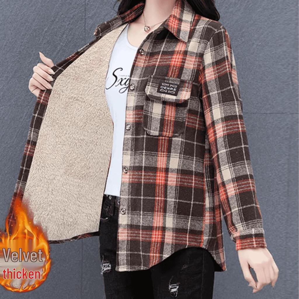 Fleece-Lined Plaid Mid-Length Wool Shirt for Women - Plus Size, Long-Sleeve Casual Outerwear