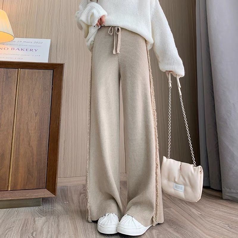 Tassel Knitted Wide Leg Pants for Women in Autumn and Winter Brushed Straight Leg Pants Loose and Slimming Floor Length Pants