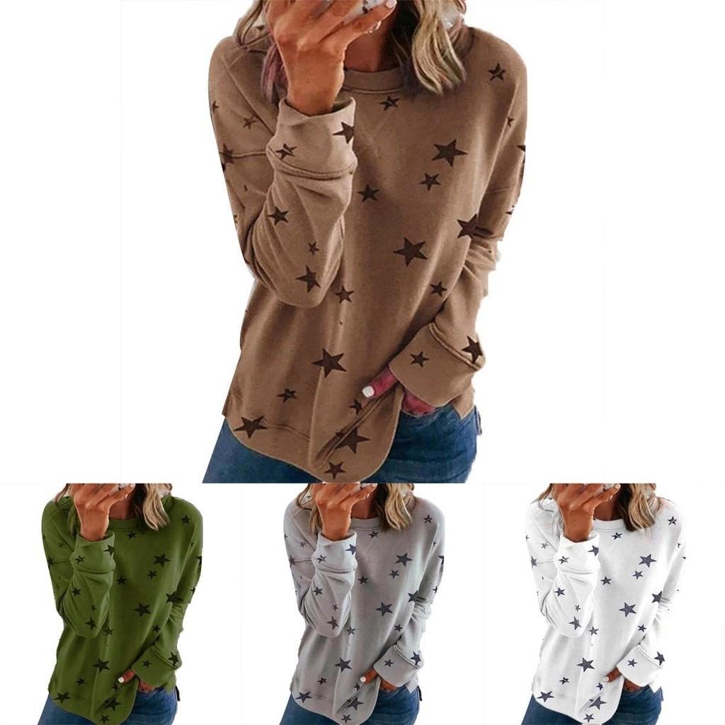 Tunica Casual da Donna Girocollo Manica Lunga con Stampa a Stelle Top Maglietta Camicetta Per Comfort e Stile Quotidiano