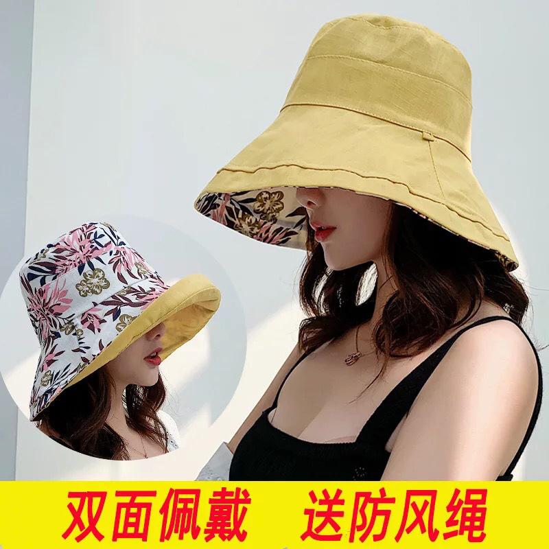 Hat Female Double-sided Japanese Internet Celebrity Travel Visor Sun Protection Big Brim Face Bucket Hat Women Summer Double-sided Can Wear