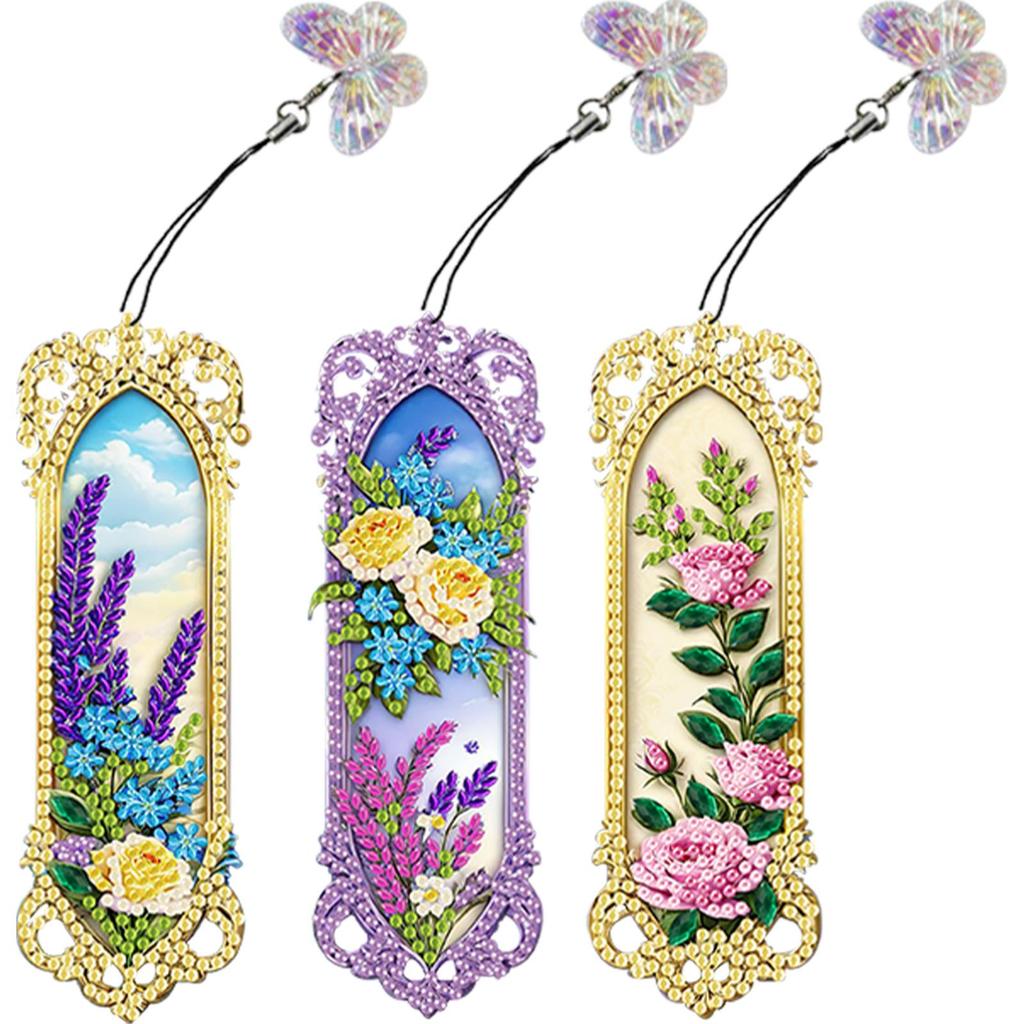 3 Stück Speziell Geformtes Blumenmuster Diamant Lesezeichen Kunstprojekt DIY Diamant Lesezeichen mit Kristallanhänger für den Lesetag Geschenk