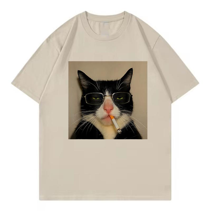 

Cool Oversize Hip Hop Smoking Cat Funny T Shirts Unisex Women Cat Tshirt Round Neck Short Sleeve Tee Shirt Streetwear Tops 4XL
