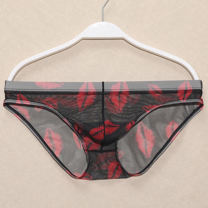 New Men's Mesh Breathable Underwear Triangle Pants Sexy Low Waist Printed Underwear