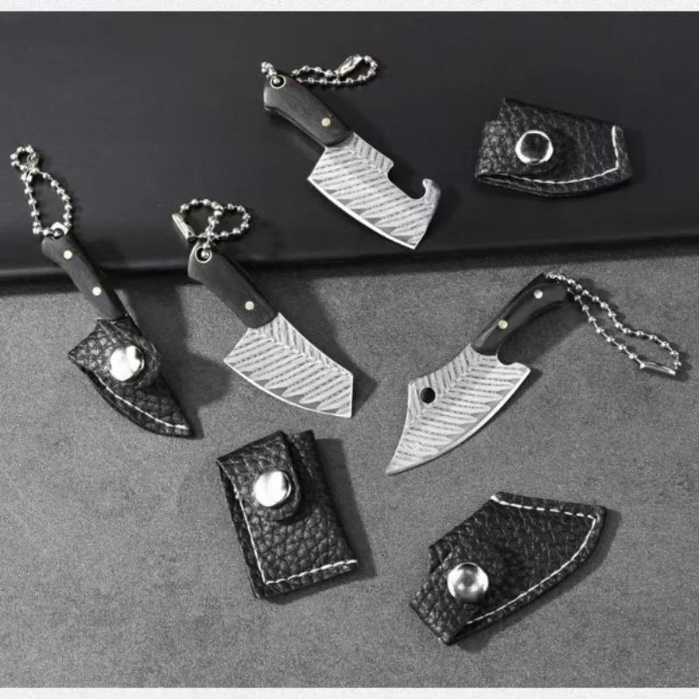 New Mini Wooden Handle Knife Outdoor Camping Open Box with Chain Portable EDC Key Knife with Leather Sheath Chain