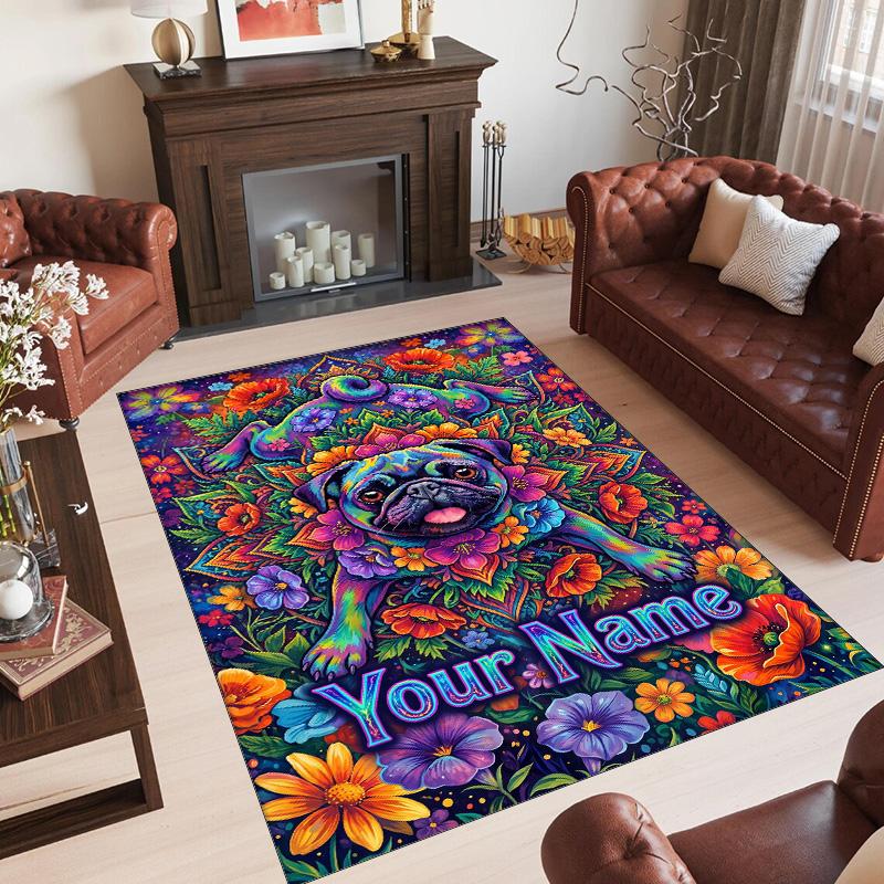 Pug Theme Crystal Velvet Floor Rug Personalized Custom Name Text Warm Carpet Home Decoration