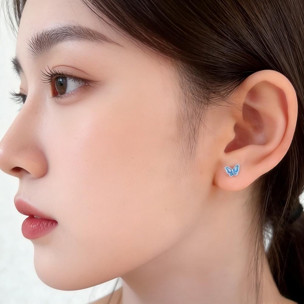 Koreanische blaue Schmetterling S925 Emaille Ohrstecker - Süßer, einfacher, mädchenhafter Ohrknorpelschmuck