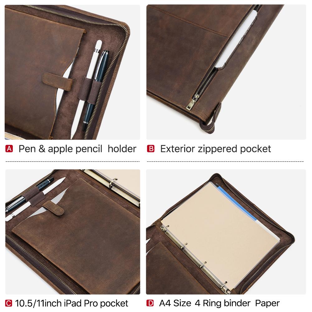 Retro Cow Leather A4 Ring Binder Folder iPad Portfolio For iPad Pro 11 Case Cover iPad Pro 7th 8th 9th 10 Th Gen Air 5 Air 4