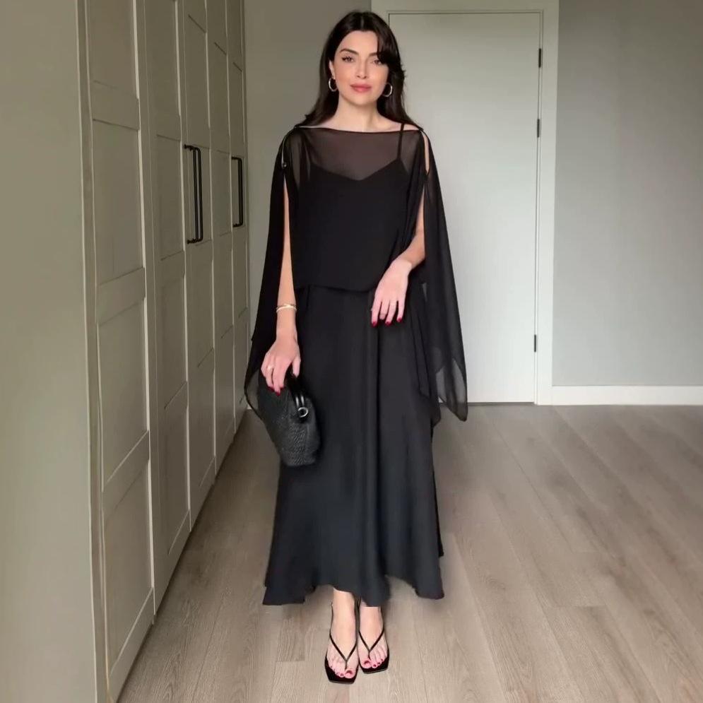 spring and autumn new European and American women's clothing loose meat covering tulle cape chiffon shawl suspender skirt set