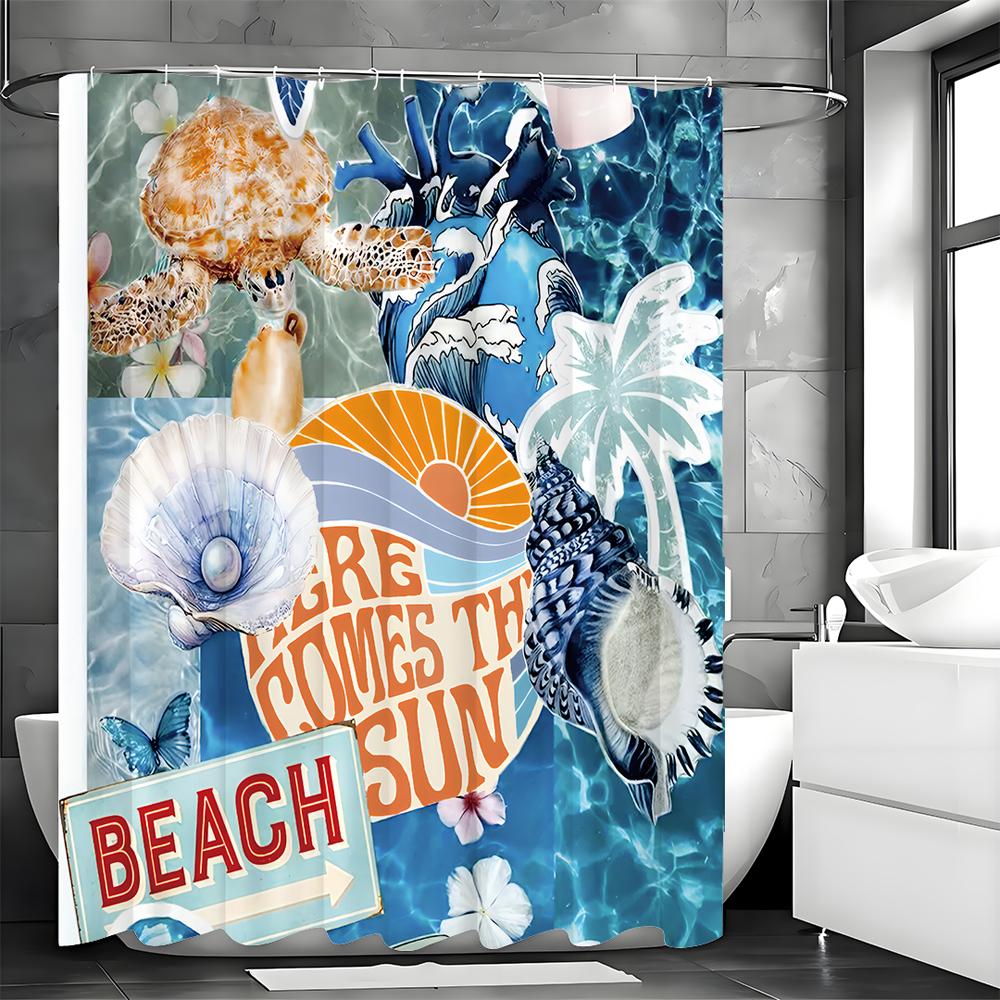 Ocean Collage Turtle Shell Pearl Coconut Tree Shower Curtain, Bathroom Decorative Shower Curtain, Waterproof Shower Curtain with