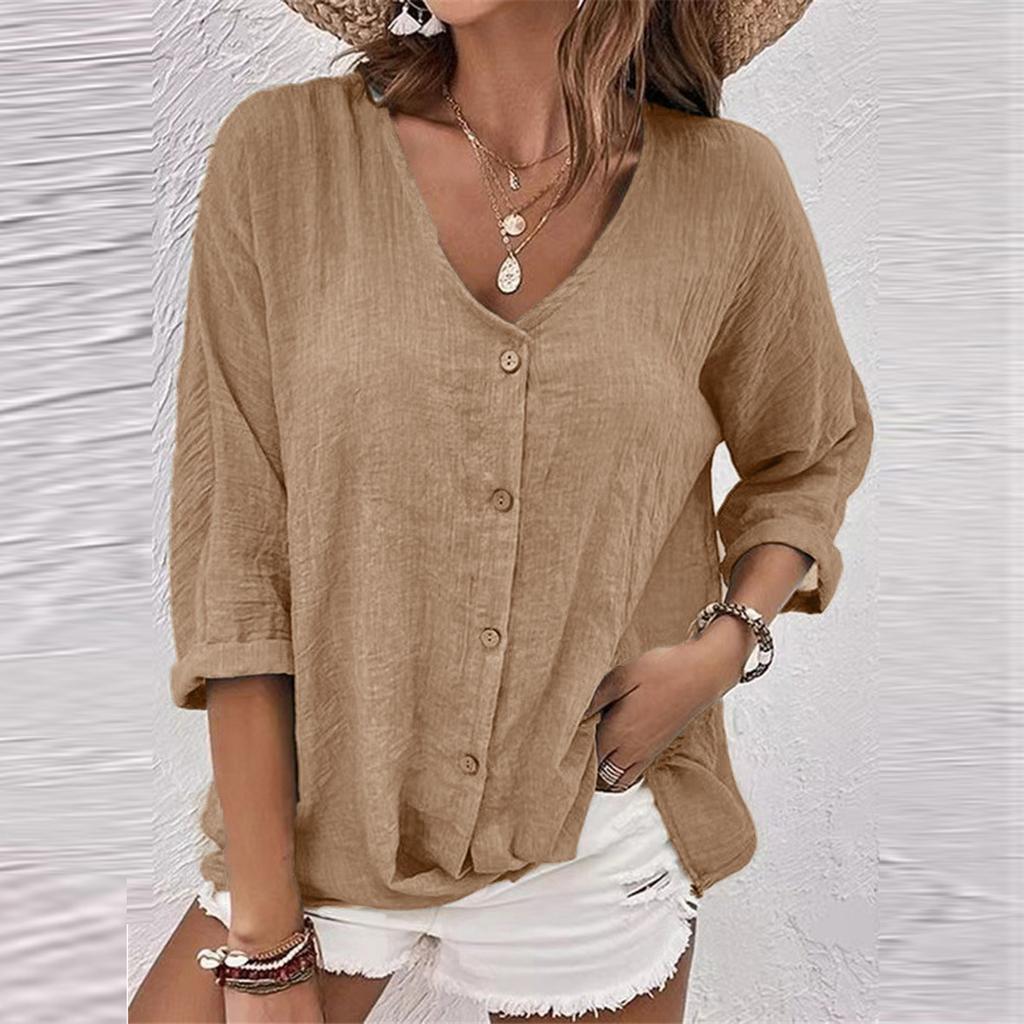 Women's Fashion Casual Color V-Neck Chest Button Seven Sleeve T-Shirt Top