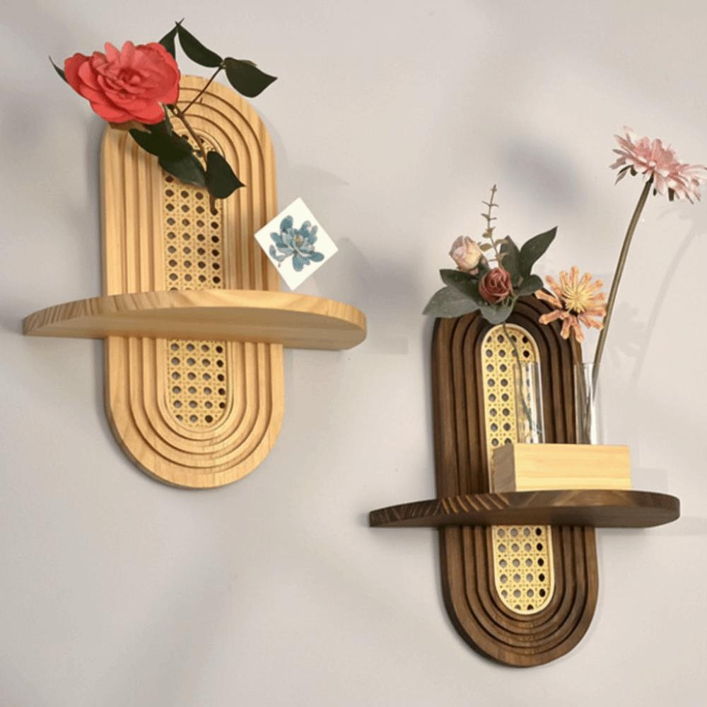New Handmade Rattan Flower Shelf Boho Style Geometric Wall Mounted Shelves Decorative Bamboo Wooden Shelf Home Decor