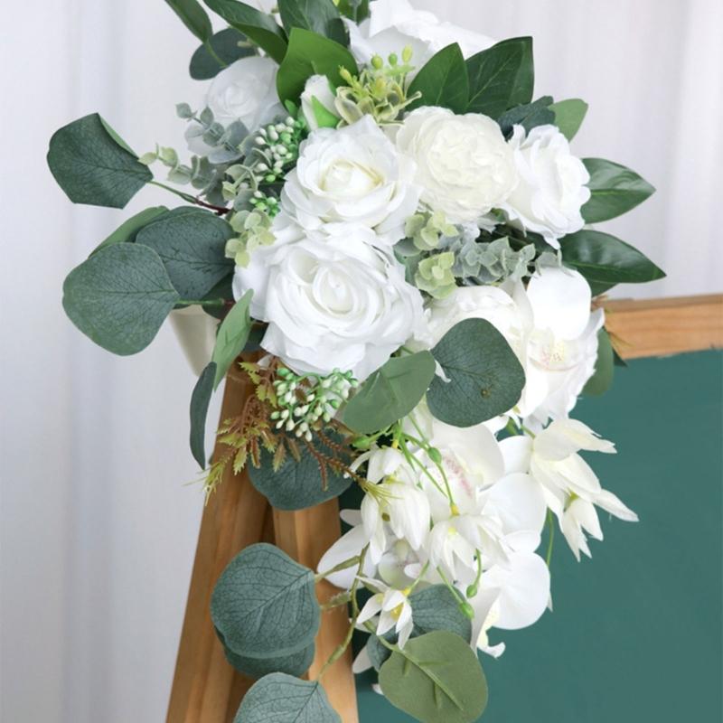 12“ Bouquet a Cascata Bouquet da Sposa per Sposa Rosa Bianca Orchidea Fiori Artificiali Bouquet da Sposa per Inverno Estate