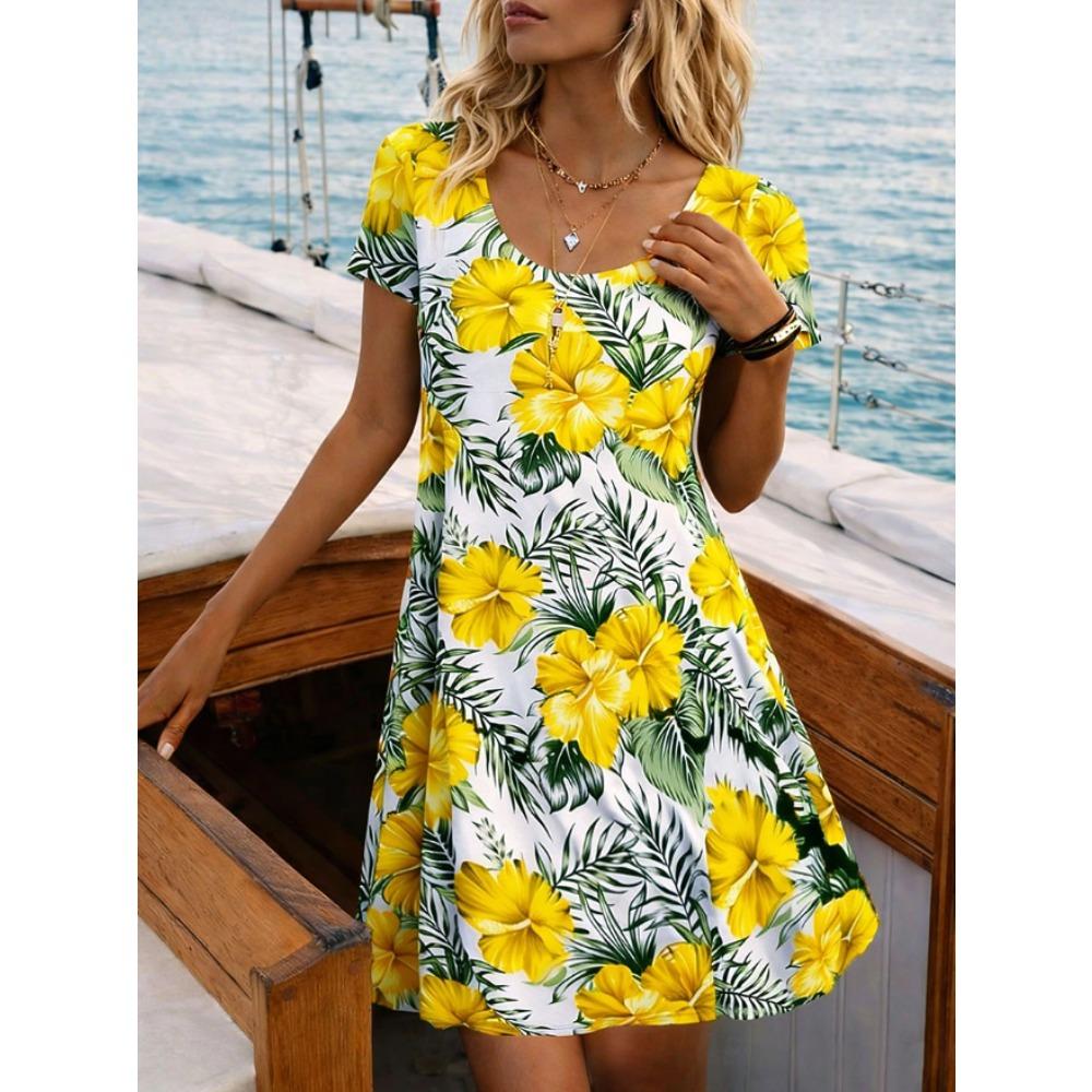 Vestidos Casuais Femininos de Verão e Primavera com Estampa Floral, Manga Curta e Gola Redonda
