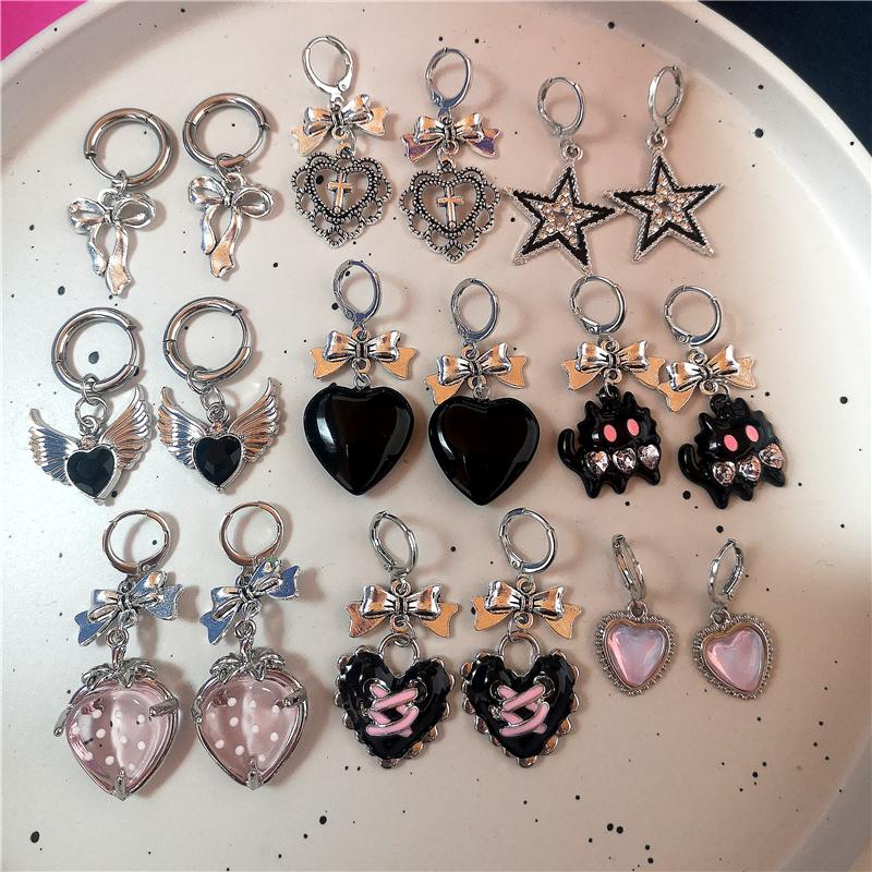 Goth Vintage Süß Schleife Rosa Erdbeere Herz Stern Anhänger Ohrringe Egirl Gothic 2000er EMO Rave Schmuck Scene Zubehör