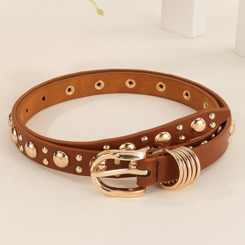 Pu Leather Inlaid Gold Mushroom Stud Belt Metal Buckle Jeans Belt Dress Waistband  Women's