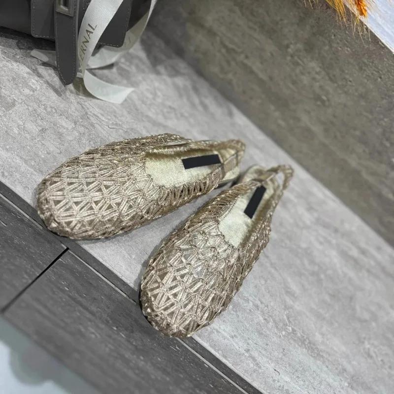 New Women's French Woven Hollow Fishnet Loafers Mary Jane Summer Luxury Designer Athletic Low Heel Round Toe Flats Sandals Shoes