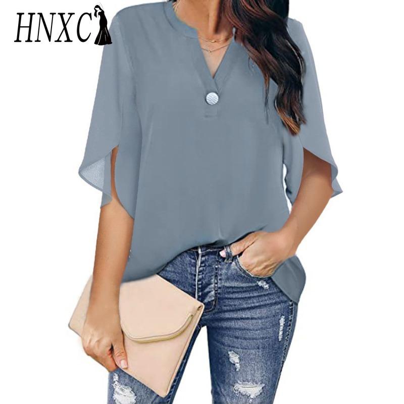 HNXC Women's Fashion Casual Solid Color Print Short Sleeve V Neck Blouses & Shirts