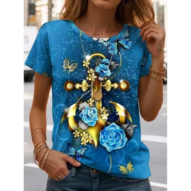 Dámská trička s 3D potiskem lodní kotvy, trička s krátkým rukávem, 3D potisk, tričko s kulatým výstřihem, letní ležérní dámské oblečení