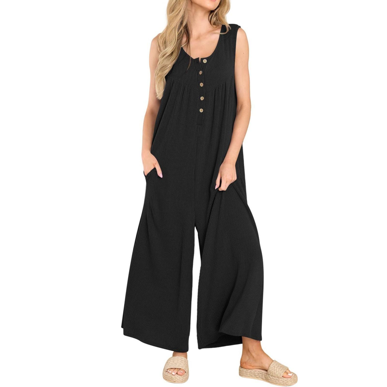 

Женский однотонный комбинезон на пуговицах с круглым вырезом, свежий повседневный женский комбинезон с карманами XXL чёрный