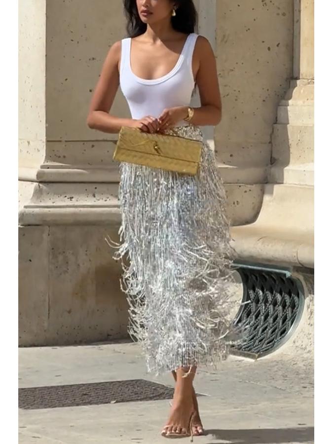 Women's Tassel Sequin Pencil Skirt with Slit - Solid Color, European & American Style