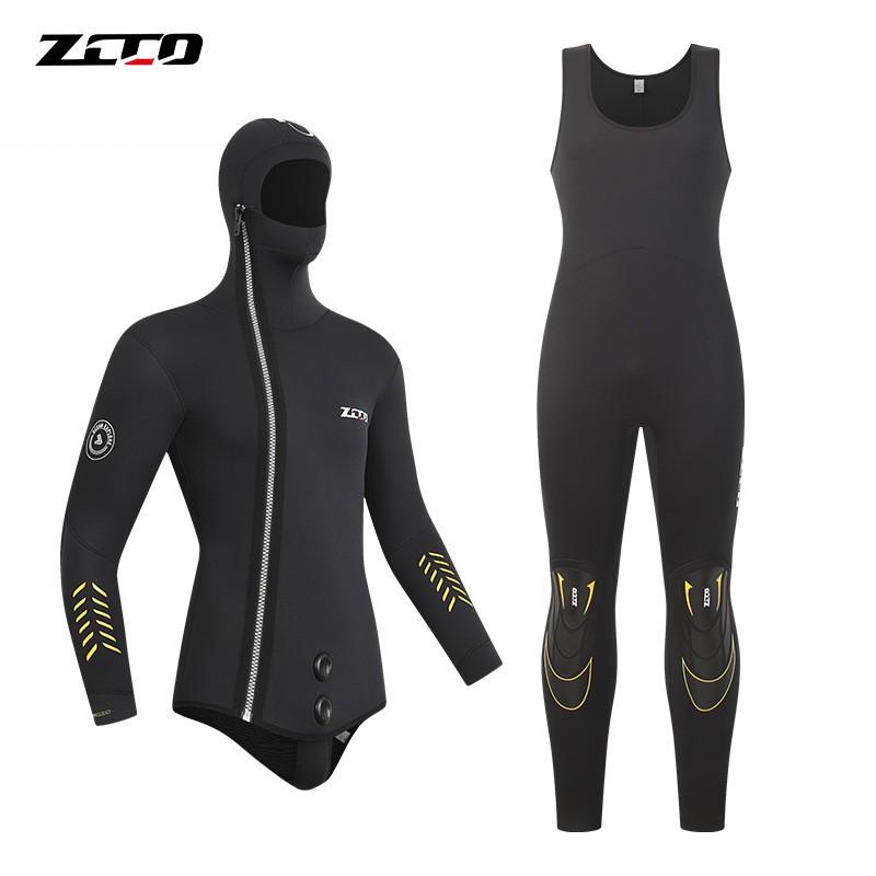 5mm Neoprene Wetsuit Set Men Two-Piece Hooded Warm Suit Front Zipper Snorkeling Fishing Water Sports Small